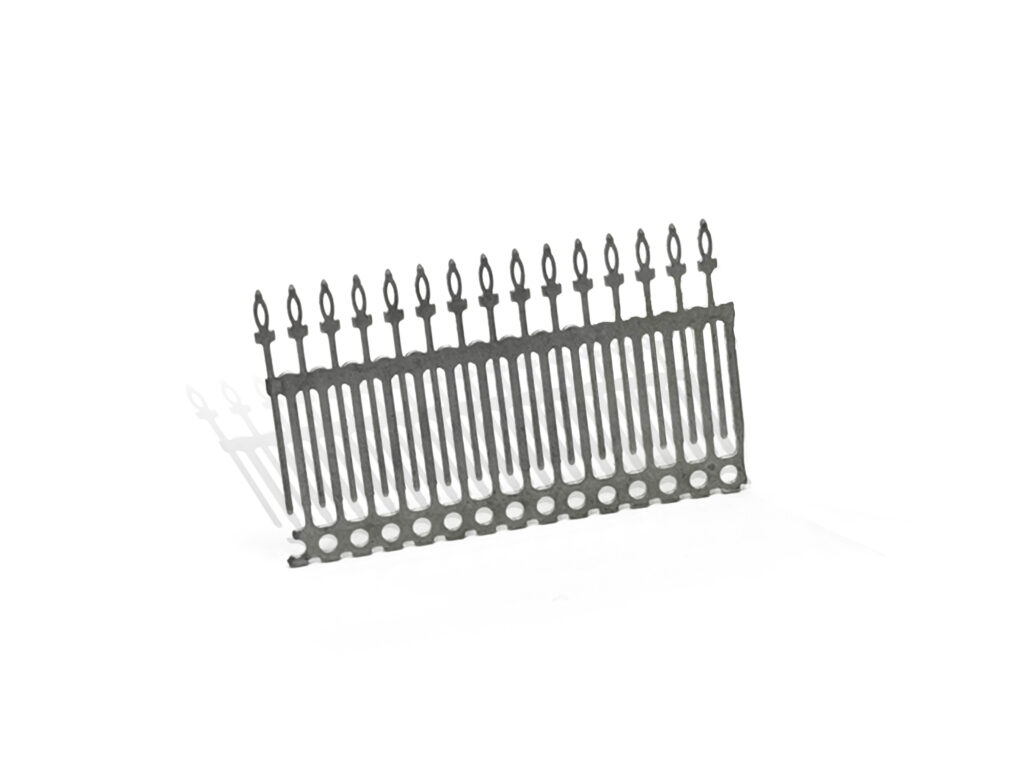 Stamped press-fit pin strip with eye-of-the-needle compliant zones made by SSP