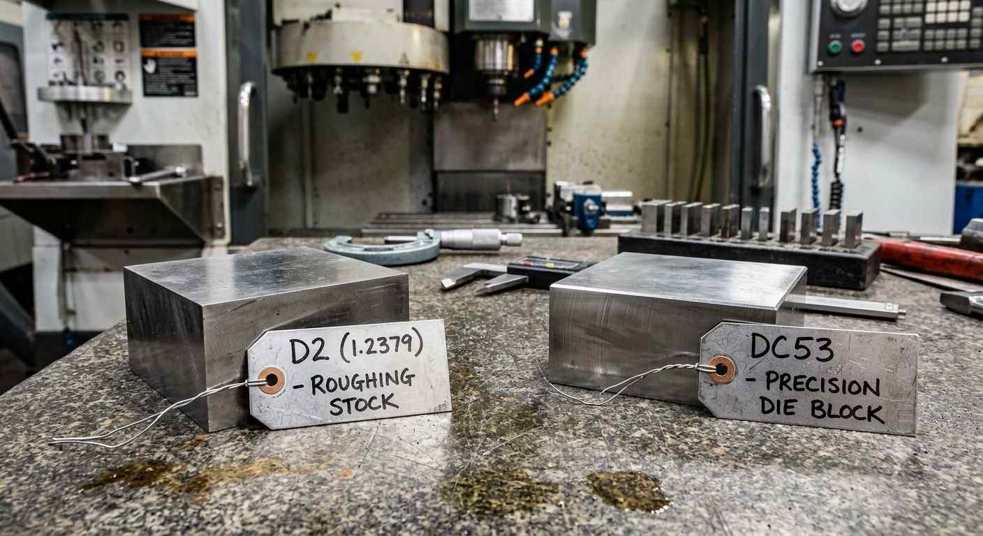 D2 versus DC53 tool steel samples compared for stamping dies