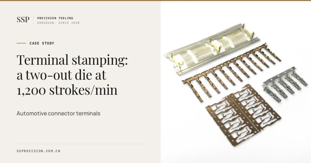 Terminal stamping case study cover with stamped connector terminals on carrier strips