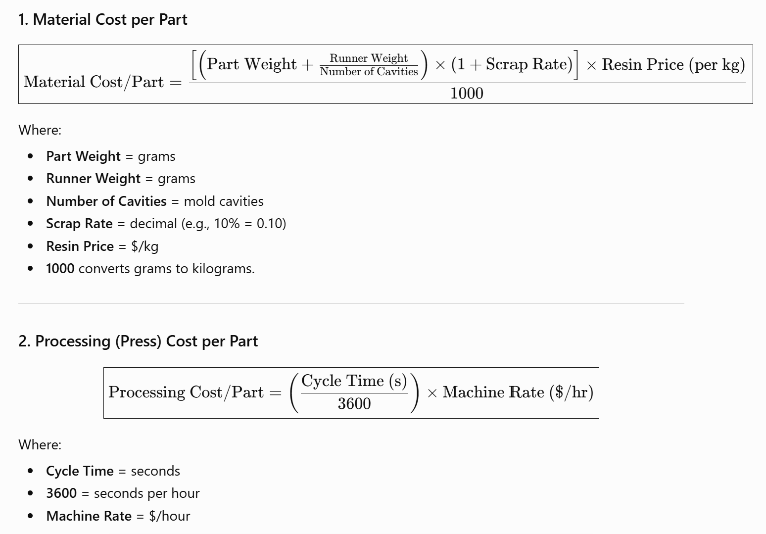 Injection molding unit cost breakdown chart showing fixed tooling cost versus variable per-part cost