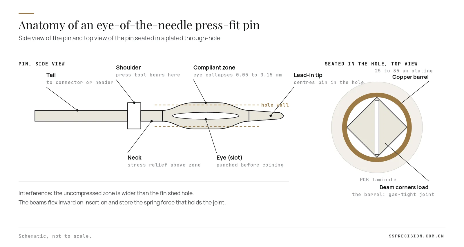 Anatomy of an eye-of-the-needle press-fit pin showing tail, shoulder, compliant zone, eye and lead-in tip