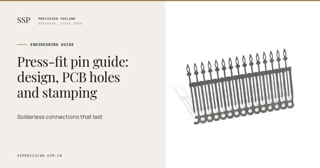 Press-fit pin guide cover with stamped eye-of-the-needle pins on a carrier strip