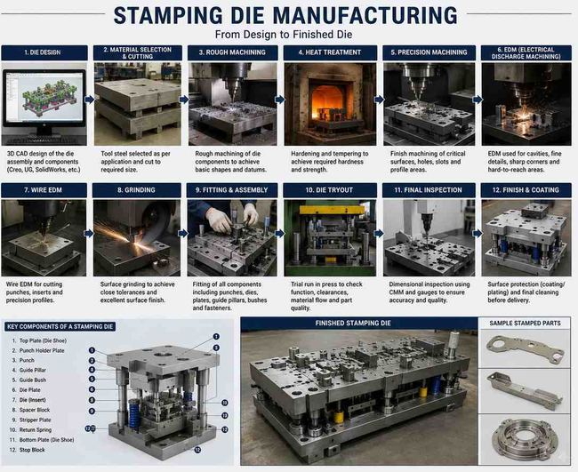 Complete stamping die manufacturing workflow — 7 stage process